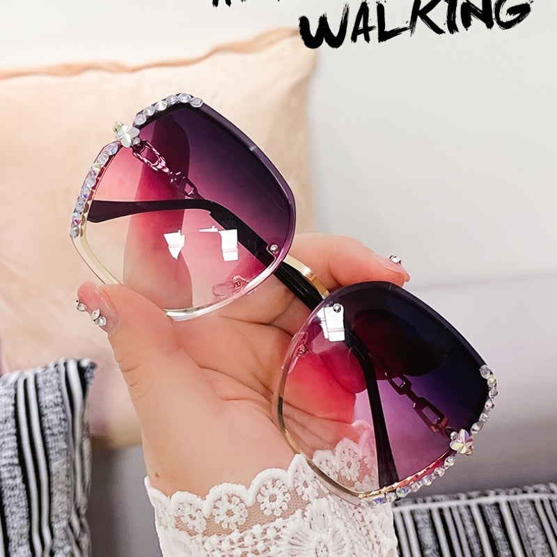 Óculos Femininos Fashion com Lentes Degradê – Armação Metálica com Detalhes em Strass, Estilo Moderno para o Dia a Dia
